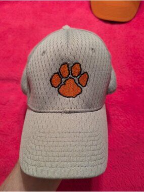 Clemson Tigers Hat Gray Mesh Proflex Stretch Fit M/L Orange Paw Print NCAA